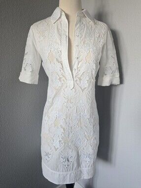 Elie Tahari Lace Embroidered White Cotton Shirt Dress $698 XS Small Bridal